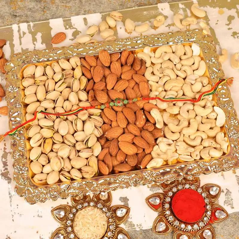 Antique Green Rakhi and Dry Fruit Thali