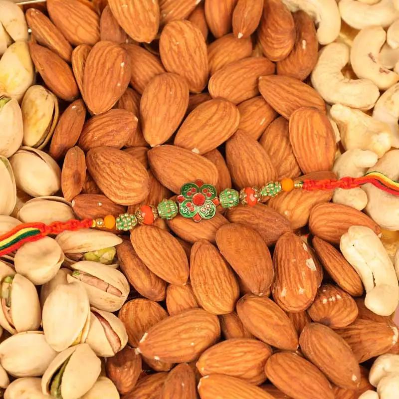 Antique Green Rakhi and Dry Fruit Thali
