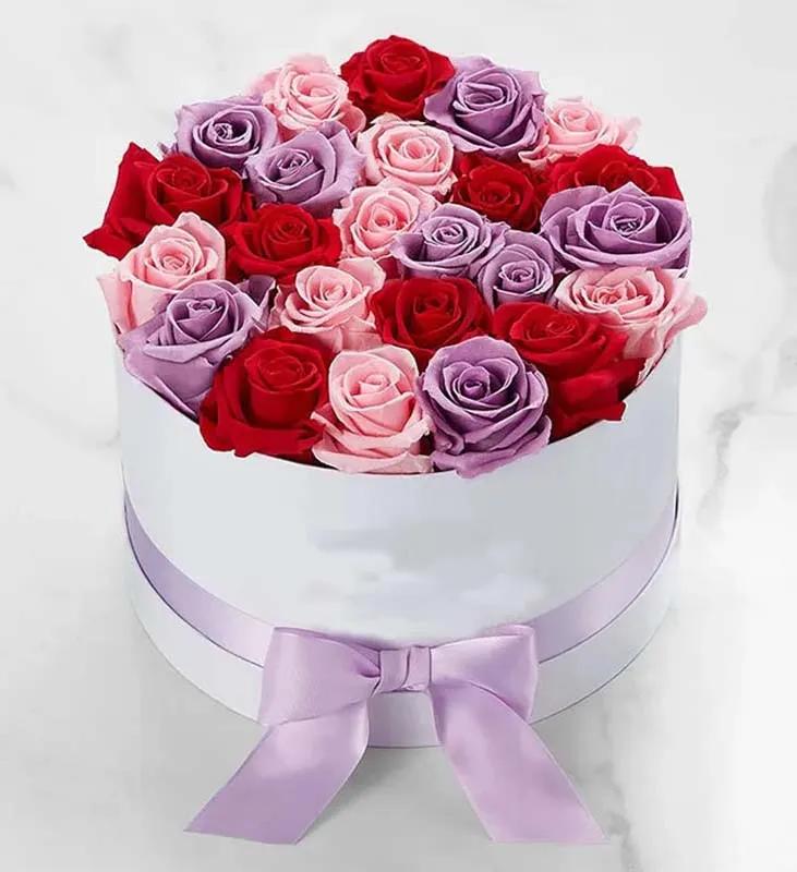 Assorted Roses in White Round Box