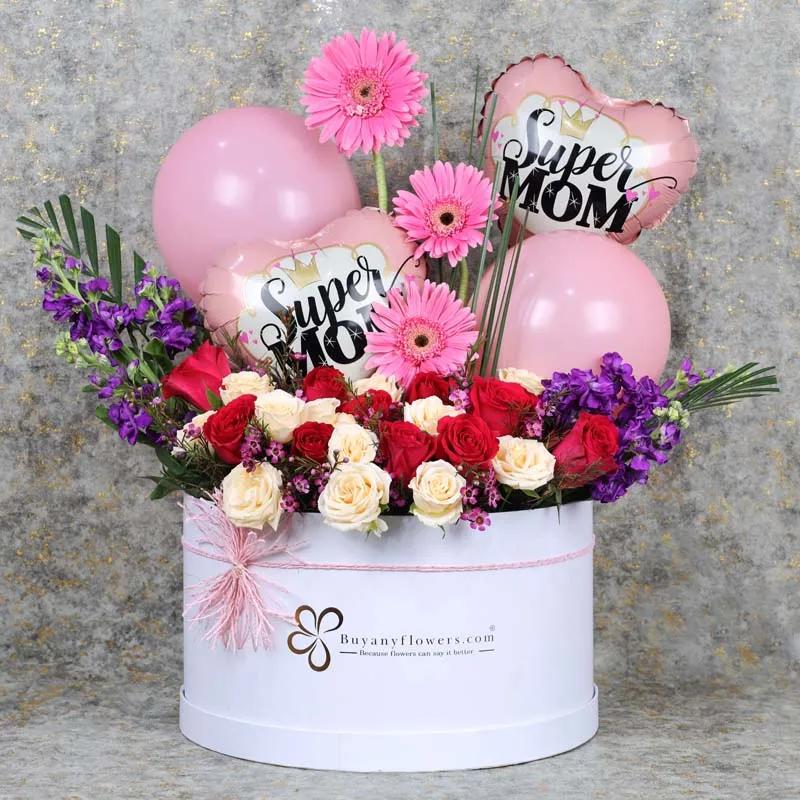 Bliss Super Mom Balloons and Flower Box