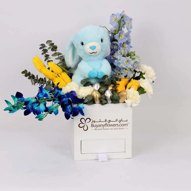 Easter Bunny Eggs and Flower Box Blue
