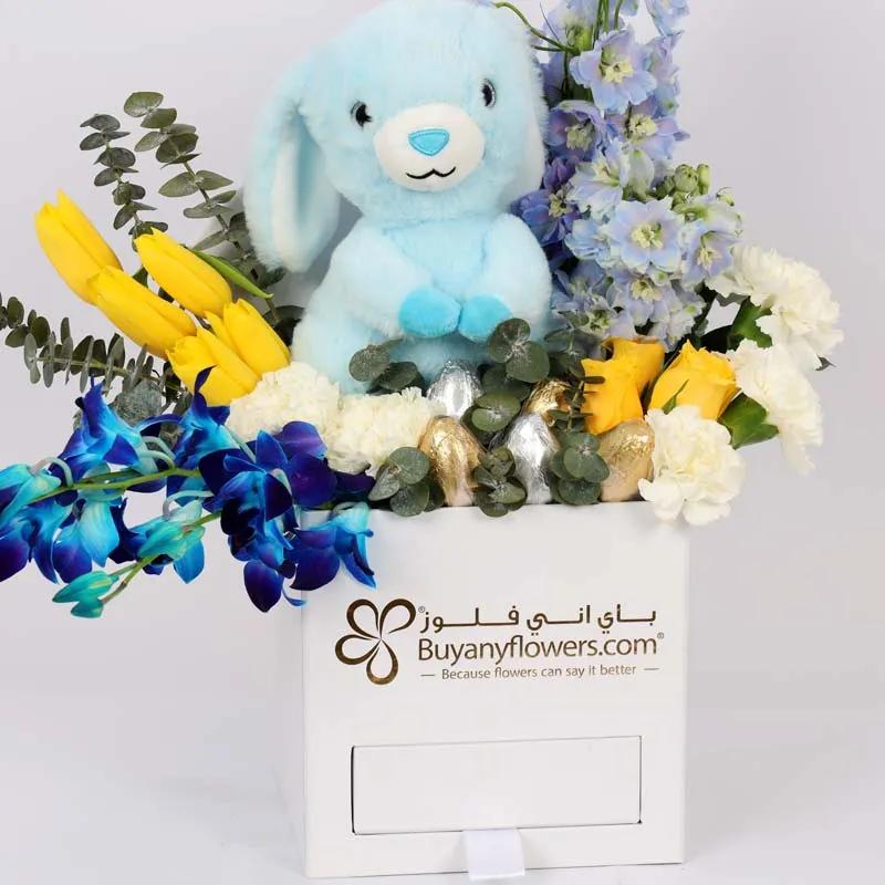 Easter Bunny Eggs and Flower Box Blue