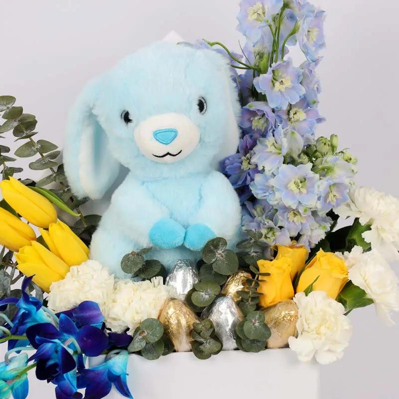 Easter Bunny Eggs and Flower Box Blue