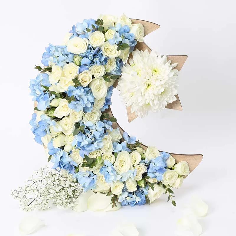 Floral Crescent Moon and Star Blue