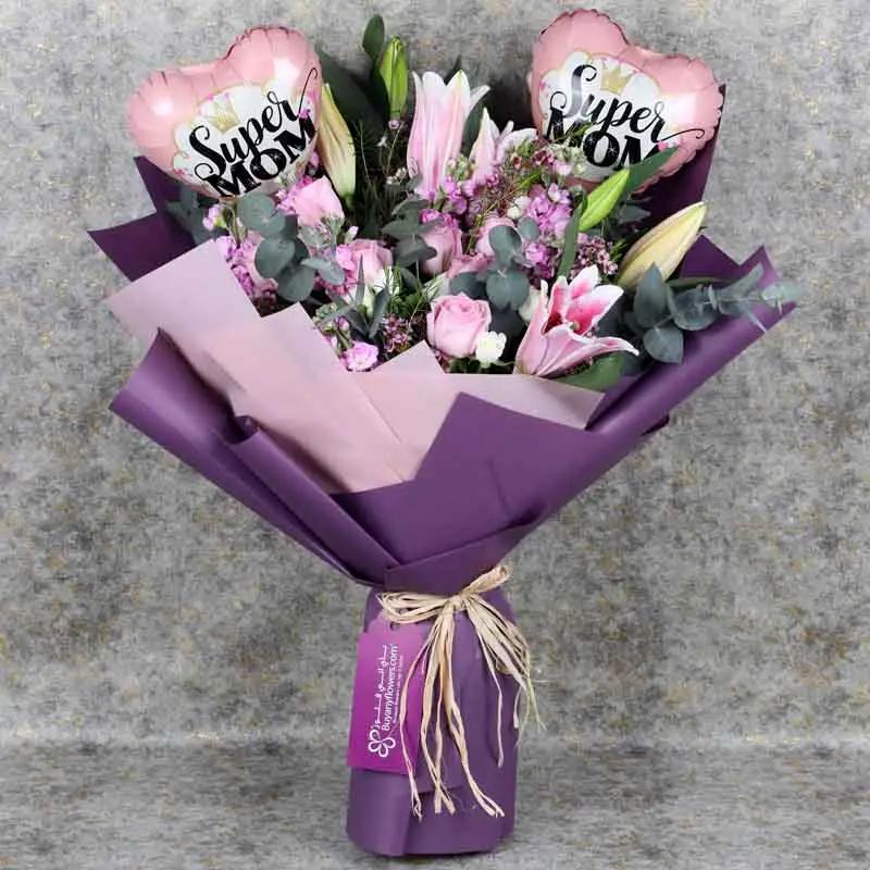 Flowers and Super Mom Balloons Bouquet