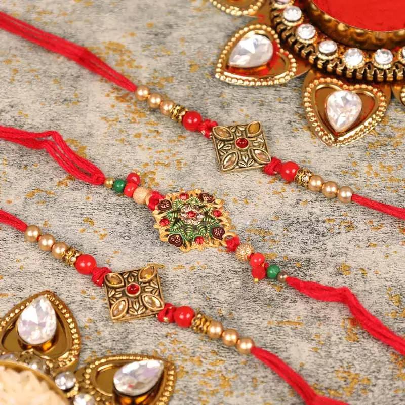 Kundan and Designer Rakhi Set of 3