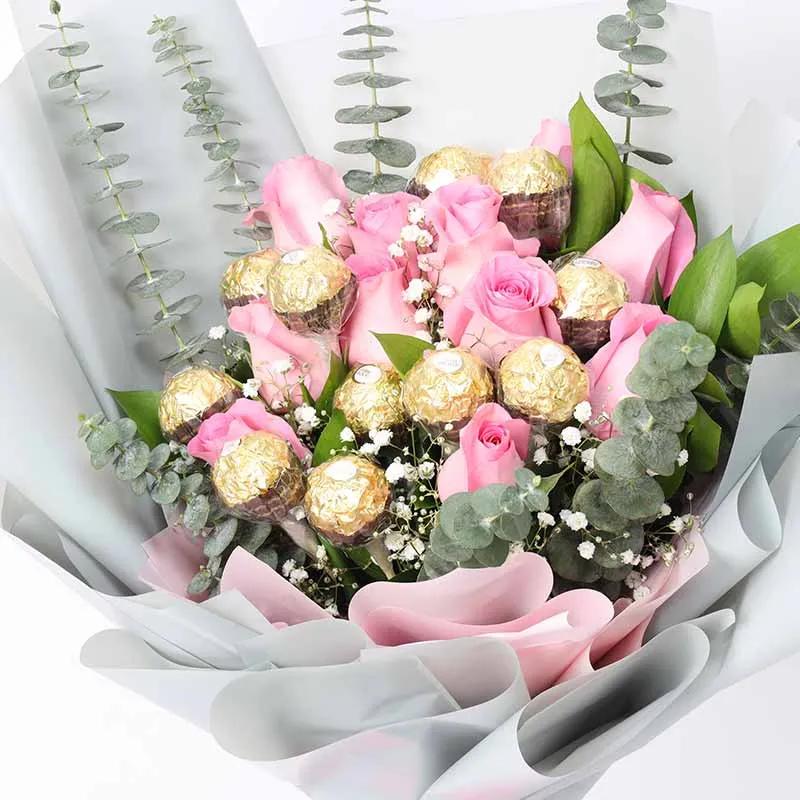 Love 11 Pink Roses and Ferrero Bouquet