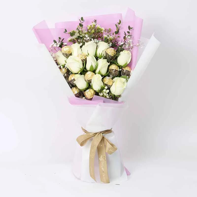 Love 11 White Roses and Ferrero Bouquet