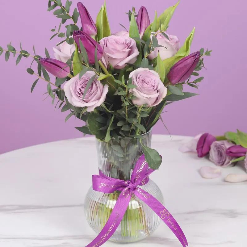 Mauve 11 Roses and Tulips in Vase