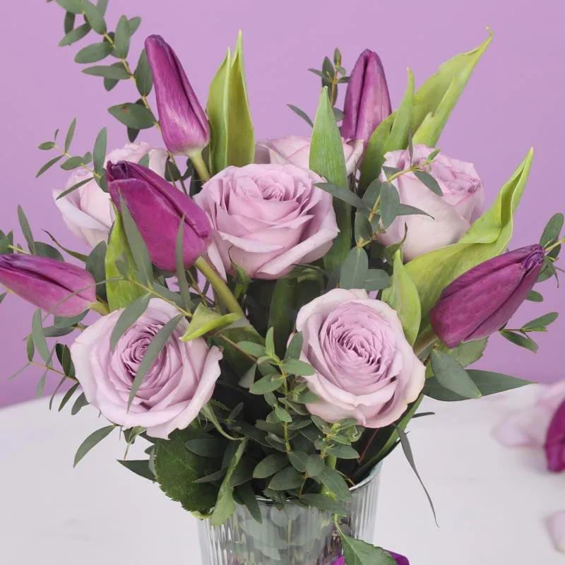 Mauve 11 Roses and Tulips in Vase