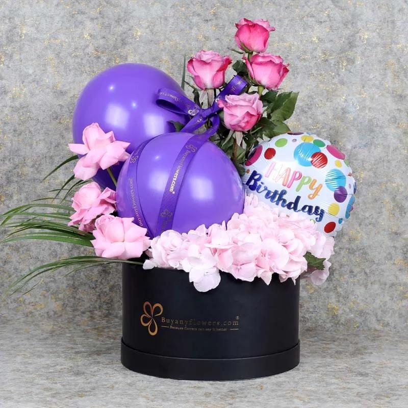 Mauve Birthday Balloon and Flower Box