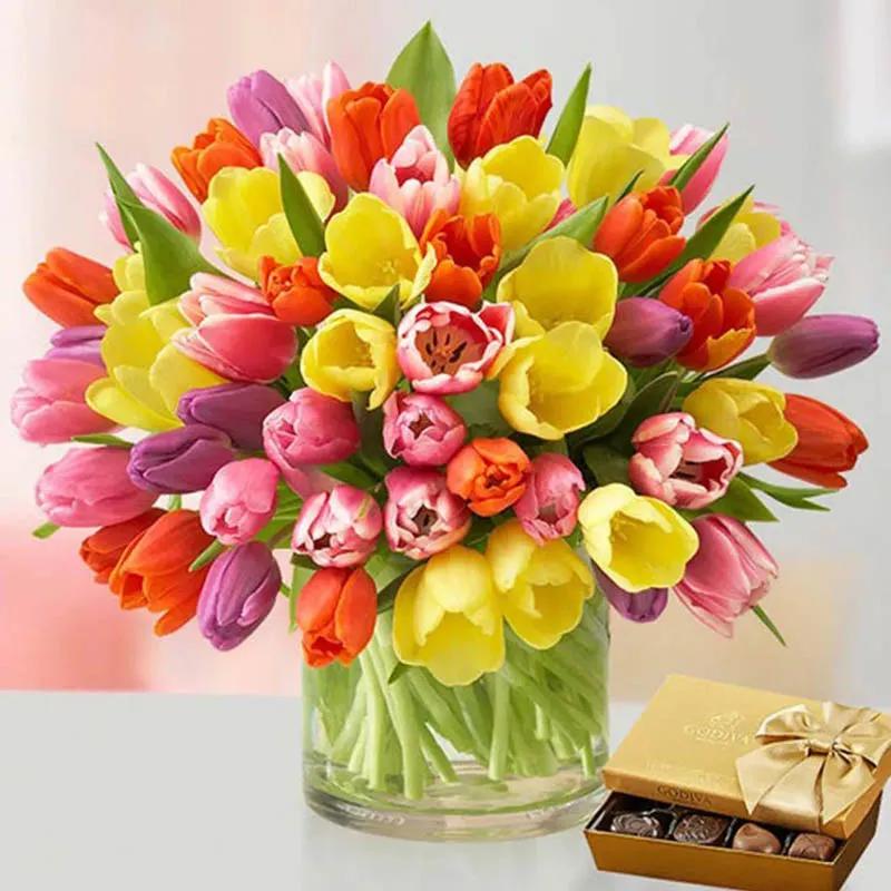 Morning Tulips with Godiva Chocolates