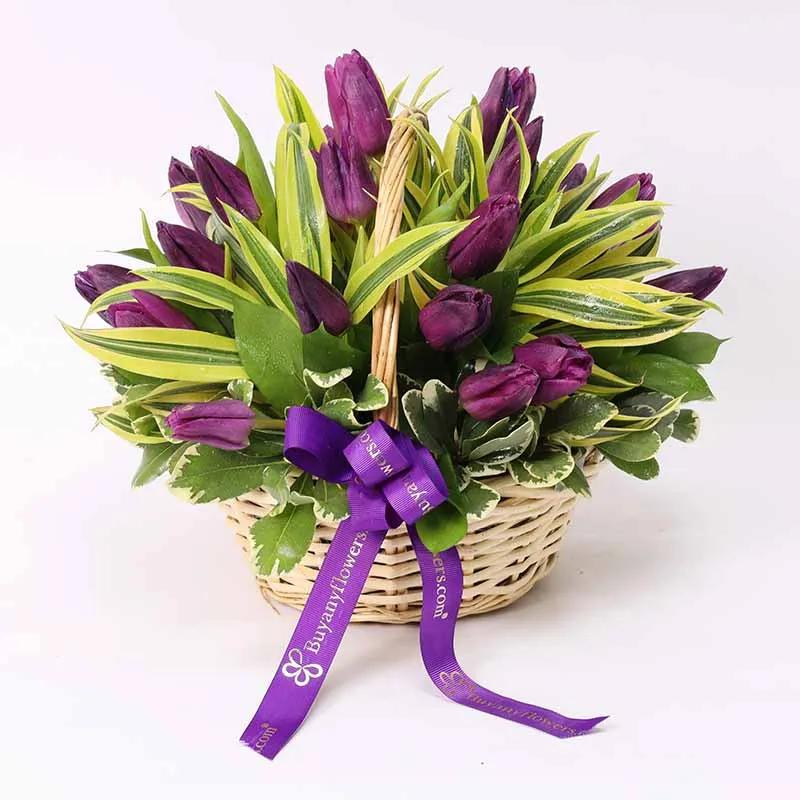 Purple Forest 25 Tulips Basket