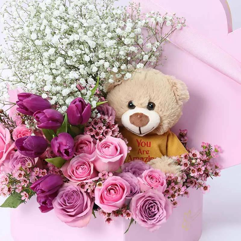 Soft Heart Flower Box and Teddy
