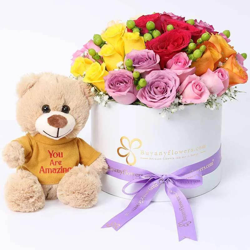 Vibrant 21 Roses and Teddy Bear