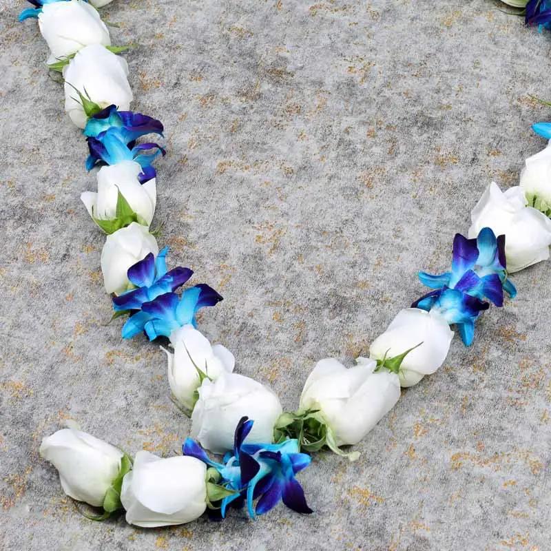 White Roses and Blue Orchid Garland