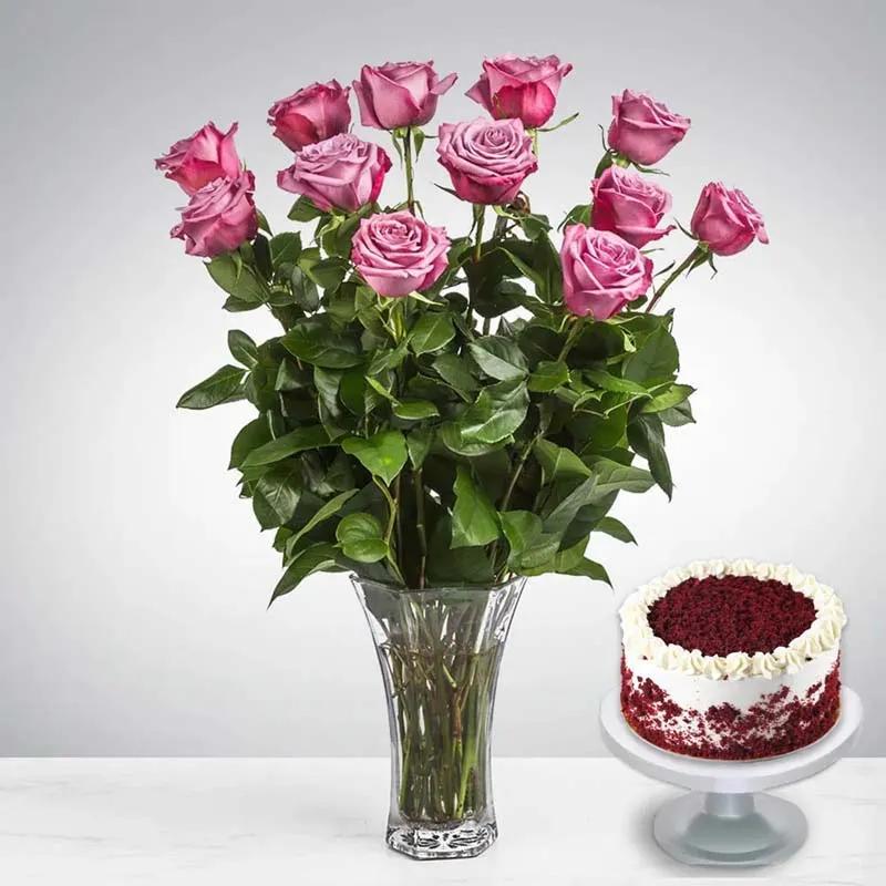 12 Long Stem Purple Roses and Red Velvet Cake