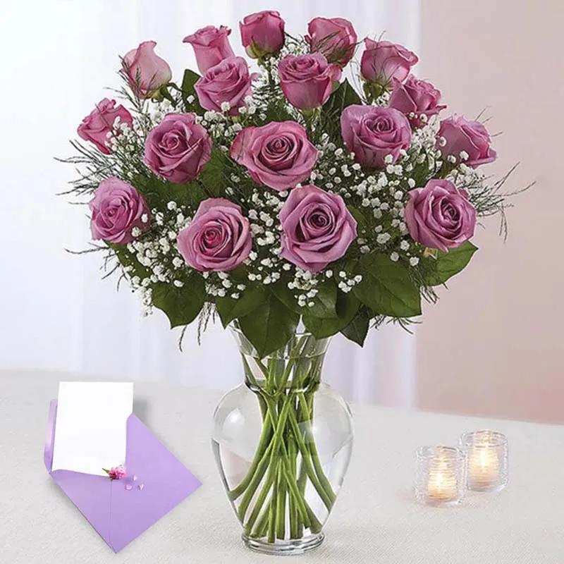 20 Purple Roses In Vase and Greeting Card