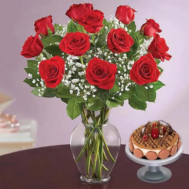 Elegant 12 Roses In Vase and Triple Chocolate Cake