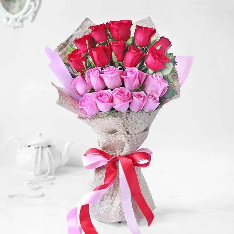 Layered Red N Pink Roses Bouquet
