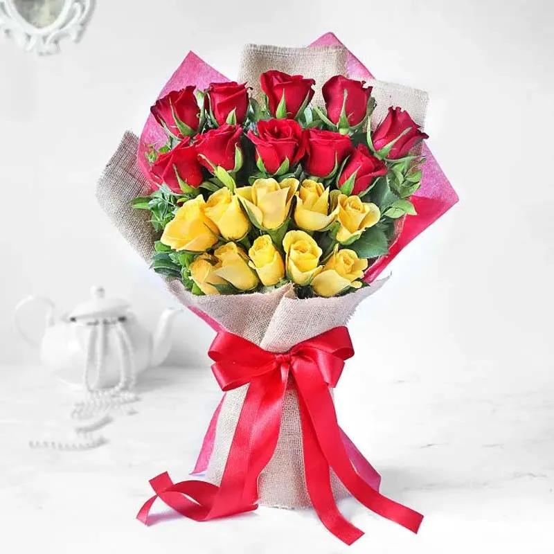 Layered Red N Yellow Roses Bouquet