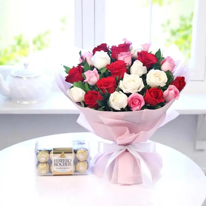 Mix Roses Bouquet and Ferrero Rocher Chocolates