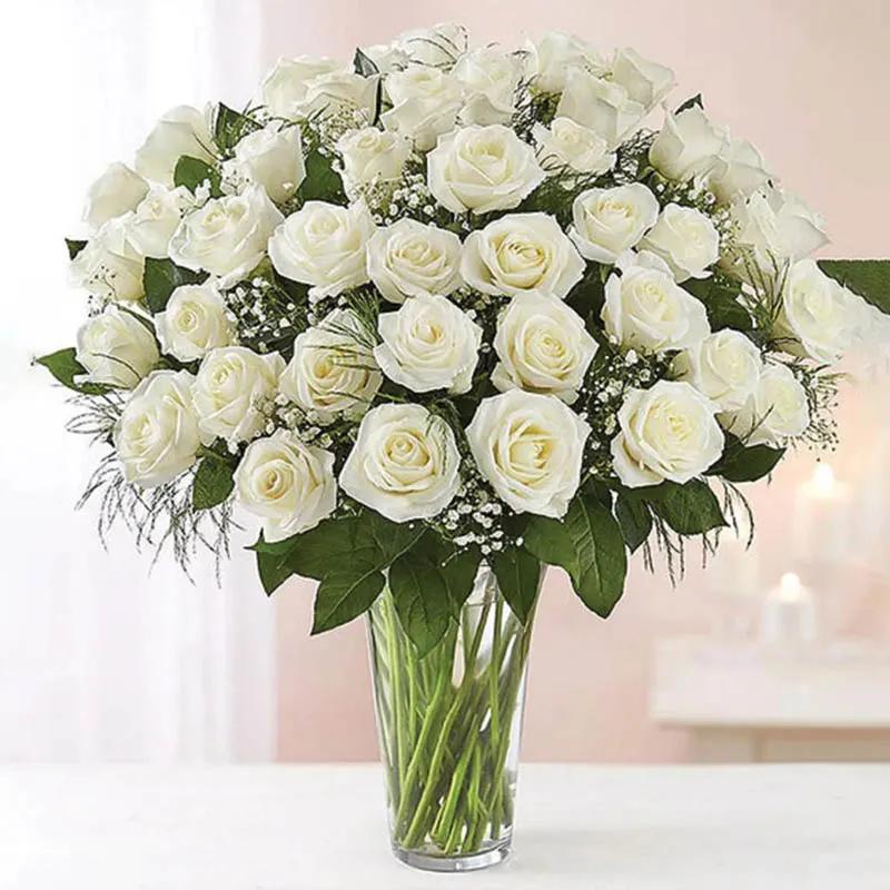 Peaceful 50 White Roses In Vase