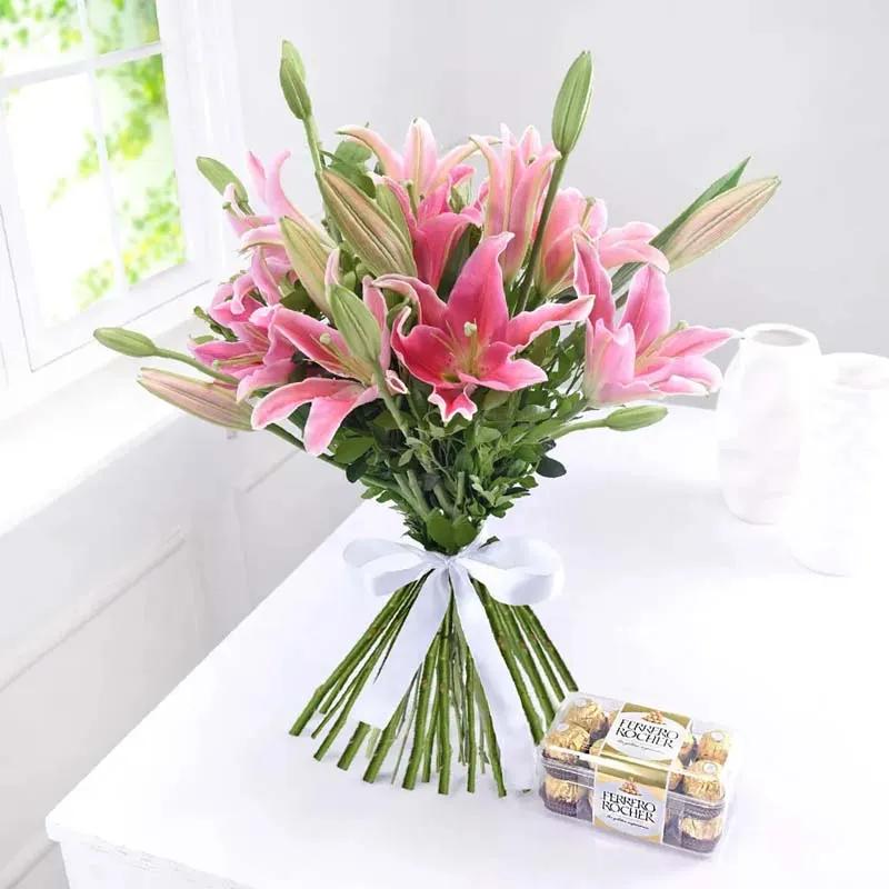 Pink Lilies Bunch and Ferrero Rocher Chocolates