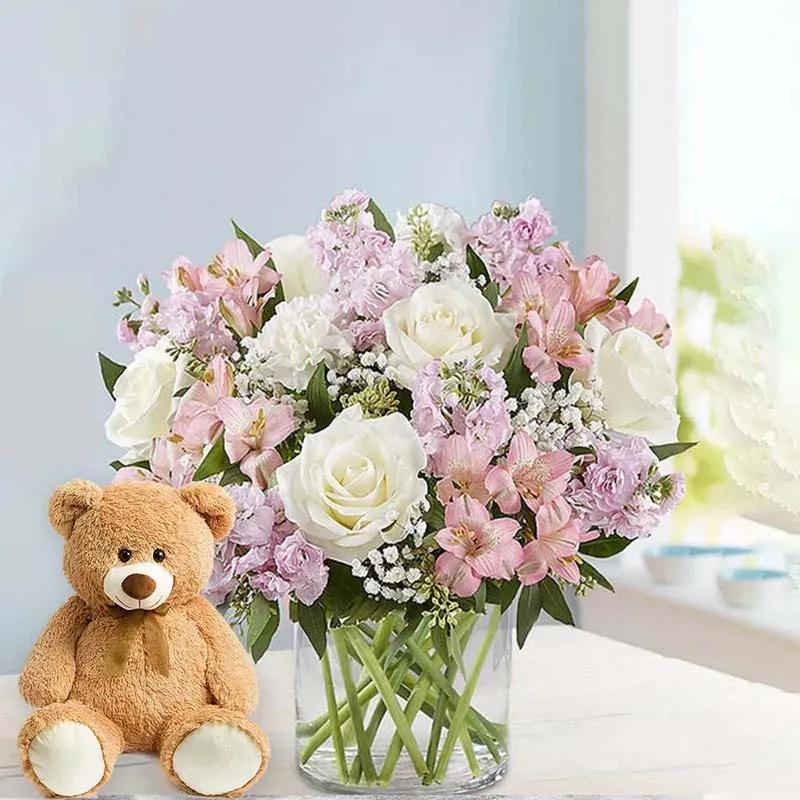 Pink N White Floral Love with Teddy Bear