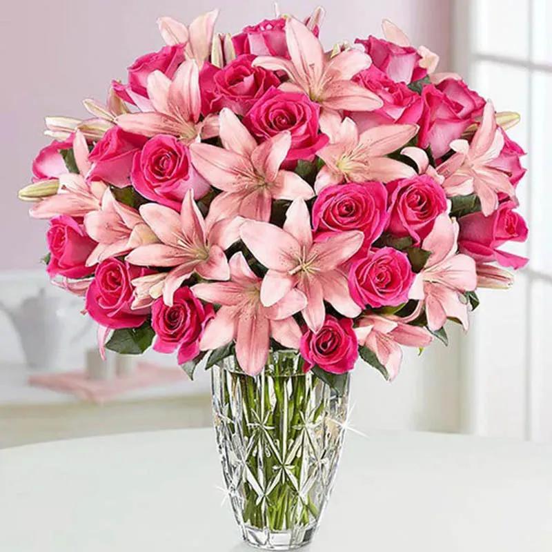 Pink Roses and Lily In Vase