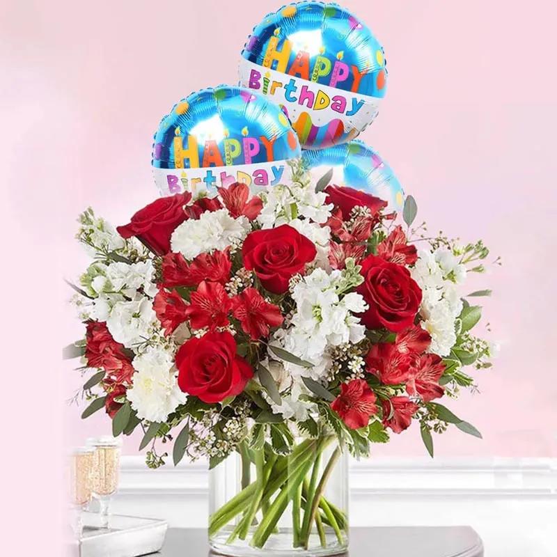 Red N White Affair with 3 Birthday Balloon