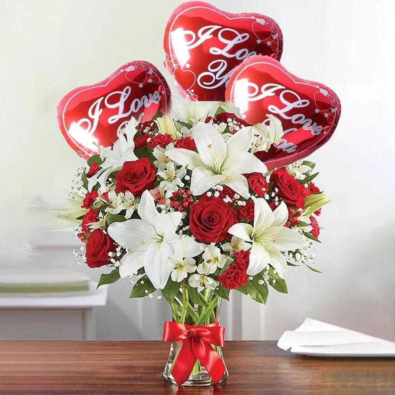 Red N White Flowers with 3 I Love You Balloon