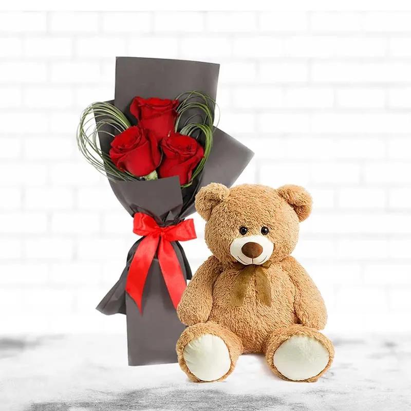 Red Roses Bouquet and Teddy Bear