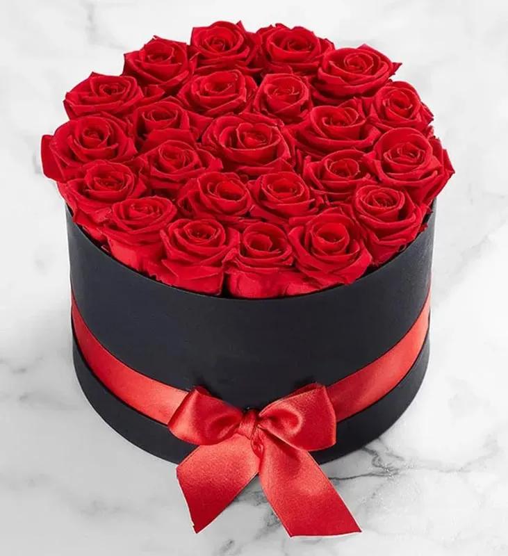 Red Roses in Black Round Box