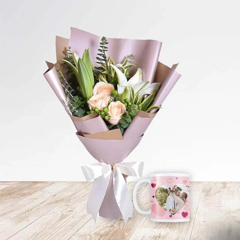 Roses N Lily Bouquet with Personalised Mug