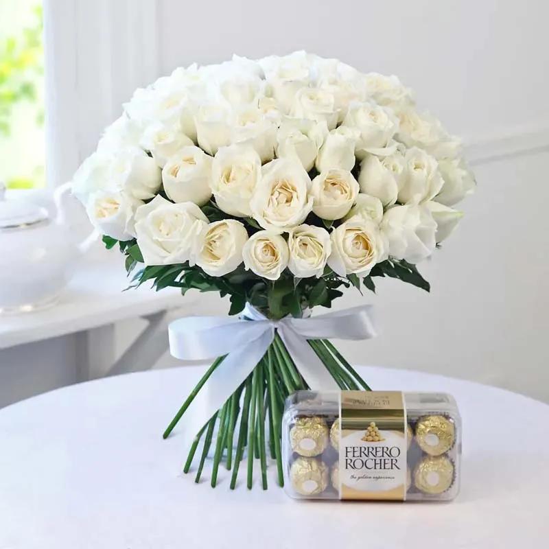 White Roses Bunch and Ferrero Rocher Chocolates