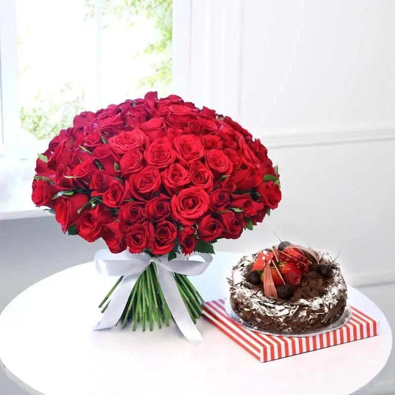 100 Red Roses with Black Forest Cake