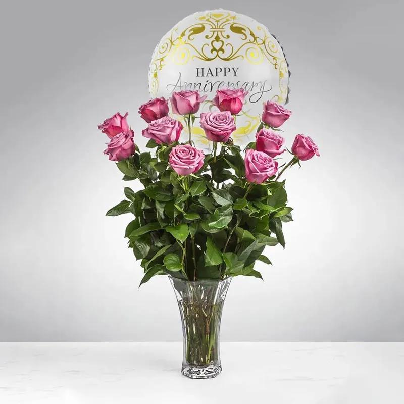 12 Purple Roses and Anniversary Balloon