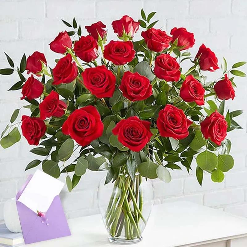 25 Red Roses In Vase and Greeting Card