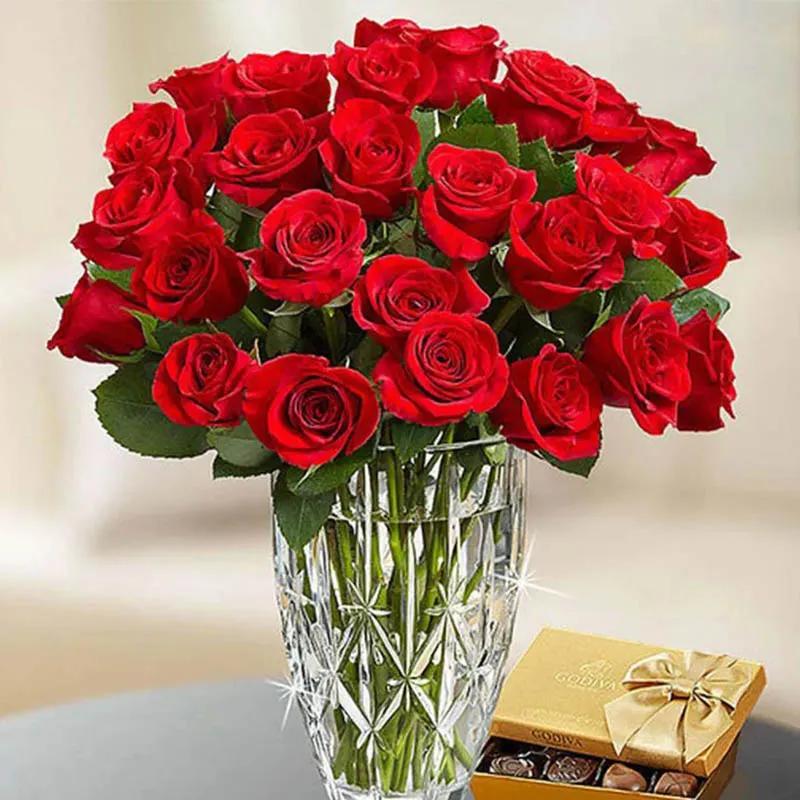 Beauty Of Red Roses and Godiva Chocolates