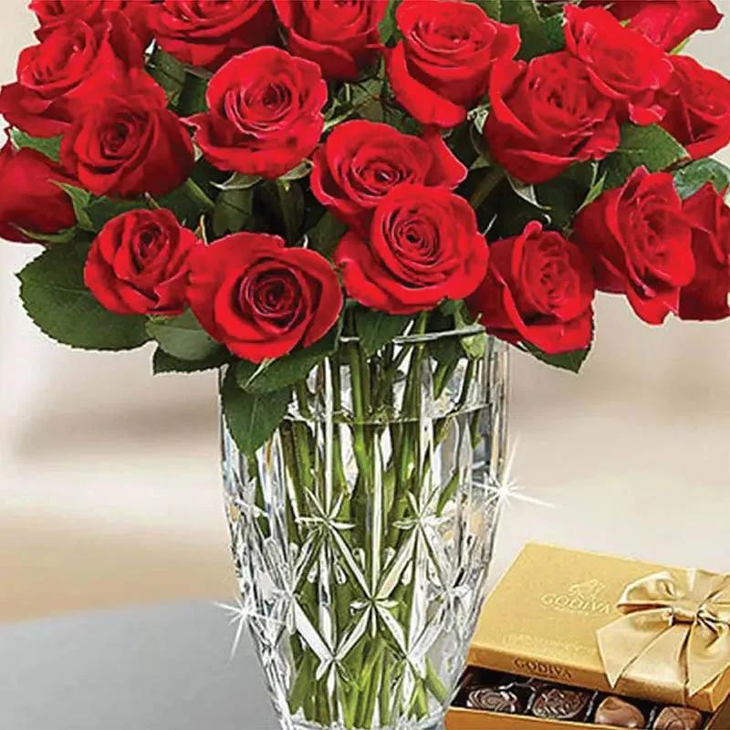 Beauty Of Red Roses and Godiva Chocolates