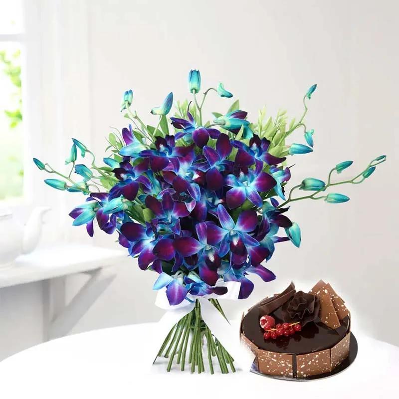 Blue Orchids Bouquet and Fudge Cake