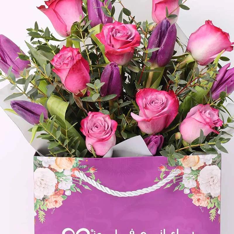 Charming 15 Purple Roses and Tulips Bag