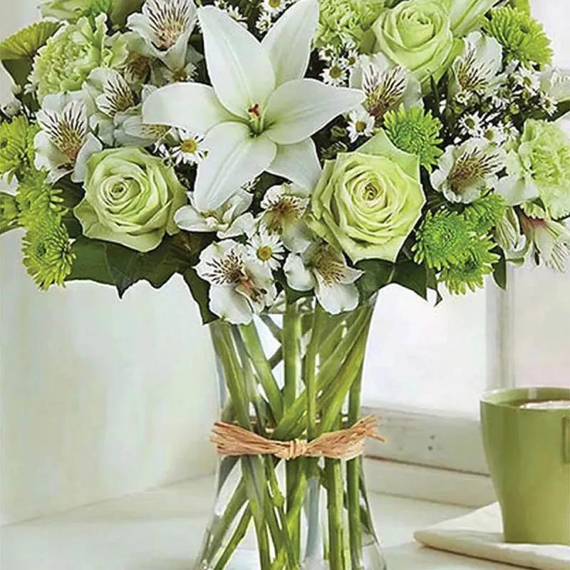 Green and White Flowers Vase
