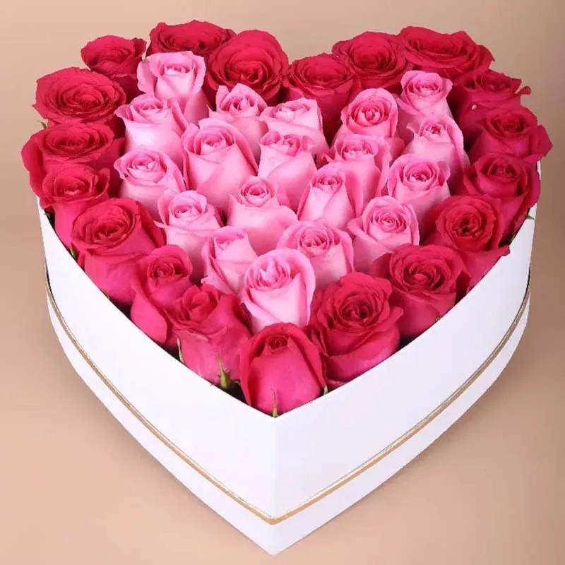 Light N Dark Pink Roses in White Heart Shape Box
