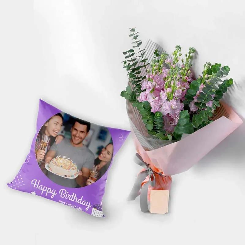 Lovely Matthiola Bouquet and Personalised Cushion