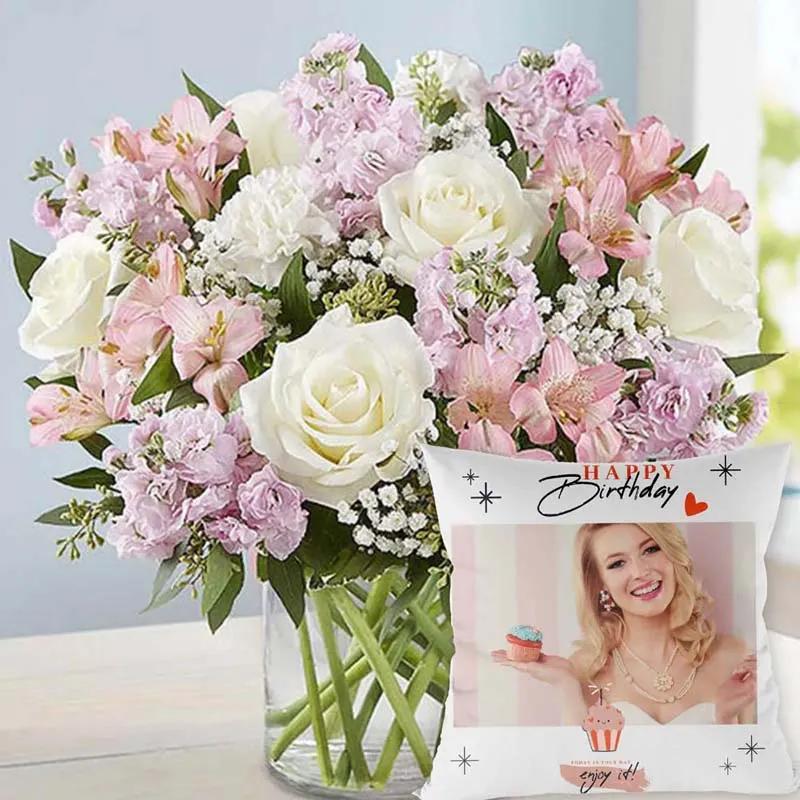 Pink and White Flowers in Vase with Personalised Cushion
