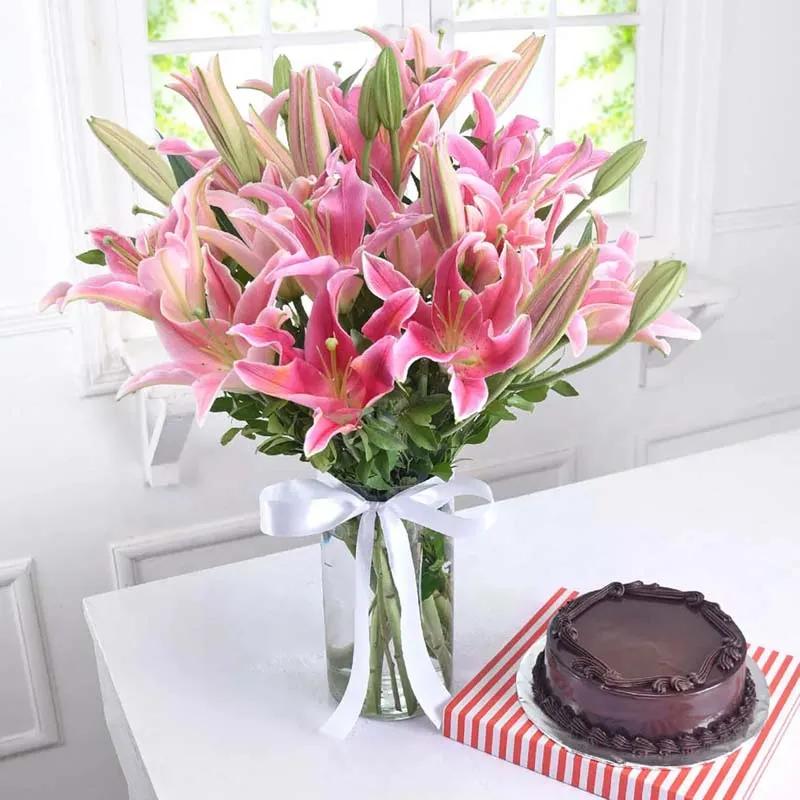 Pink Lilies Arrangements and Fudge Cake