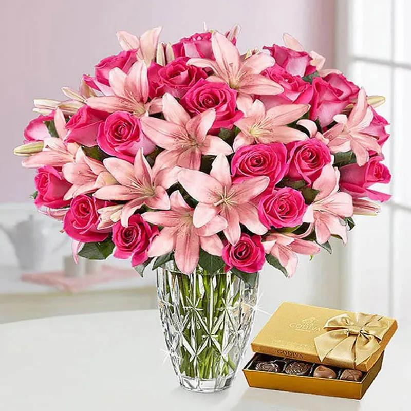 Pink Roses and Lily In Vase with Chocolates