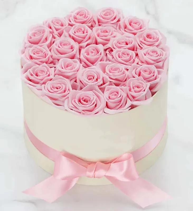 Pink Roses in White Round Box